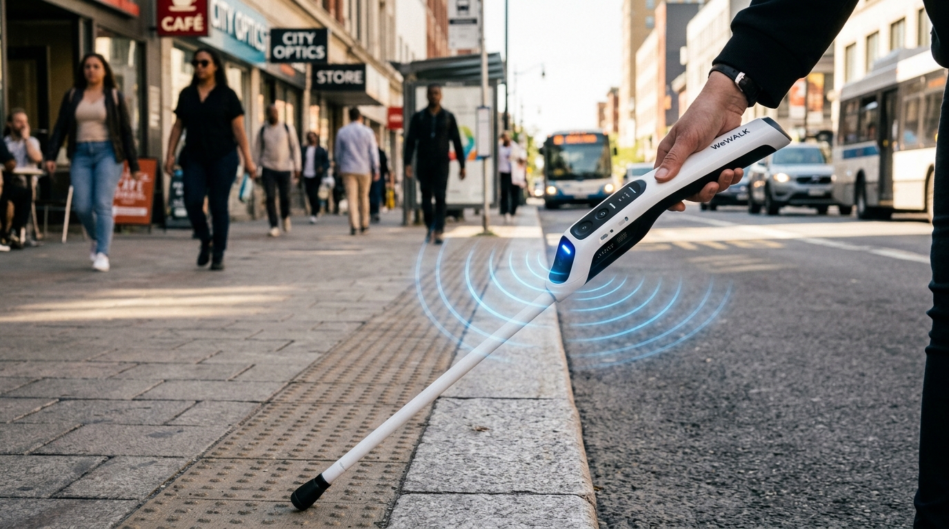 Bastón inteligente con sensor de detección ultrasónica y alertas en acera urbana